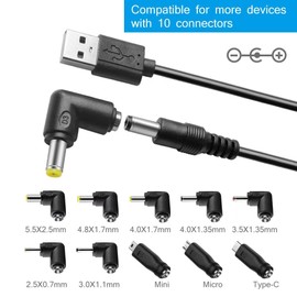 DC 5V Power Cord, USB to DC 5.5x2.1mm Plug Charging Cable with 10 Connector Tips(5.5x2.5, 4.8x1.7, 4.0x1.7, 4.0x1.35, 3.5x1.35, 3.0x1.1, 2.5x0.7, Micro USB, Type-C, Mini USB)