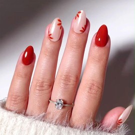 Short Press on Nails Almond Fake Nails with Flower Designs Light Pink Glue on Nails Red Short Almond Nails Press ons Glossy Acrylic False Nails Cute Artifical Stick on Nails for Women 30Pcs