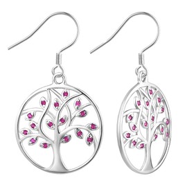 YL Tree Earrings Sterling Silver Tree of Life Hook Earrings Round Created Ruby Dangle Drop Jewelry for Women