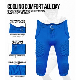 Exxact Sports Rebel Youth Football Pants with Built in Pads, Lightweight Integrated Football Practice Pants with Lace-up Fly (Y2XL, Royal Blue)
