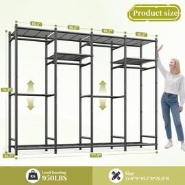 Raybee Clothes Rack Heavy Duty Clothing Racks for Hanging Clothes Metal Portable Closet for Bedroom Adjustable 77.9" W x 15.7" D x 76.8" H Black