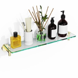 KOCOK Glass Shelves for Bathroom,16-Inch Brushed Gold Floating Bathroom Shelf Stainless Steel Tempered Glass Shelf Modern Shelves Wall Mounted