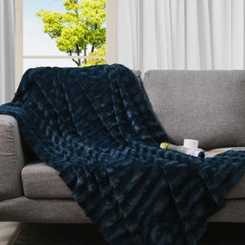 Cheer Collection Faux Fur Blanket - Luxurious Fluffy Blankets for Couch & Bed - Machine Washable - 40" x 50" inches - Blue