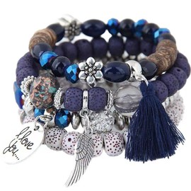 Carufin Crystal Multilayer Turquoise Bracelets Boho Beaded Tassel Elasticity Bracelet Hand Accessories Jewelry for Women and Men (Bule)