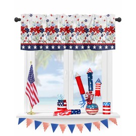 4th of July Valance for Windows Red Blue Poppy Floral Curtains Valances Patriotic Stars Stripes Valance Window Treatments Independence Day Short Curtains for Kitchen Living Room Holiday 54x18