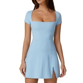 QINSEN Sport Dress for Women Square Neck Side Slit Tennis Dress Quickly Dry Exercise Yoga Dress Airy Blue M