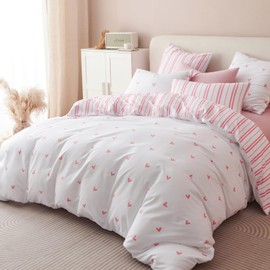 Tospass White Bed Linen 200 x 220 cm Girls - Pink Heart Microfibre Reversible Set Microfibre Inside Is A Pink Stripes Bedding Set Duvet Cover with Zip and 2 Pillowcases 80 x 80 cm