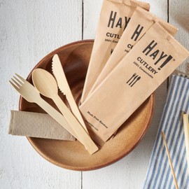 HAY! Bamboo Cutlery Wrapped Set | Biodegradable & Disposable Cutlery | 100 Cutlery Sets | Contains a bamboo knife, bamboo fork, bamboo spoon and bamboo napkin