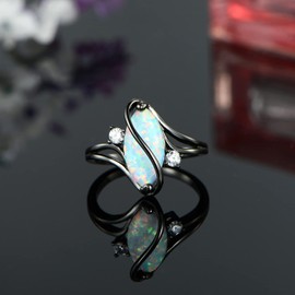 18K Black Gold Plated White Fire Opal Birthstone Marquise Rings for Women Cocktail Band Party Birthday Gifts Fashion Jewelry(5)