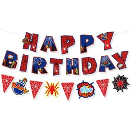 Tinoaly Spider-Themed Birthday Party Decorations Set, Includes Happy Birthday Banner & Spiderweb Pennant Flag Sign Garland for Kids Backdrop Party Supplies for Boys Girls Baby Shower Decor