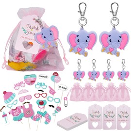 OPUEW Recuerdos Baby Shower Niña, 30 Juegos de Regalos para Baby Shower, Incluye Llaveros Elefante para Baby Shower, Bolsas y Etiquetas de Agradecimiento, Viene con 25 Decoraciones para Tomar Fotos