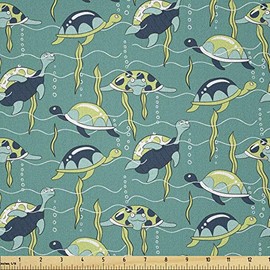 Ambesonne Turtle Fabric by The Yard, Underwater Wildlife Composition with Wavy Ocean and Colorful Animals with Shells, Microfiber Fabric for Arts and Crafts Textiles & Decor, 1 Yard, Teal