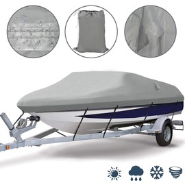 Ogrmar Heavy Duty Trailerable Waterproof Boat Cover with 2 Air Vent Marine Grade Polyester Boat Cover Fits V-Hull,Fishing Boat,Tri-Hull, Bass Boats,Pro-Style Cover (17-19ft, Grey)