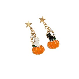 Pumpkin Cat Asymmetrical Dangle Drop Stud Earrings Faux Pearl Black White Kitten Animal Pet Star Gold Plated Studs Earring Cute Thanksgiving Fall Party Jewelry Gifts for Women Holiday