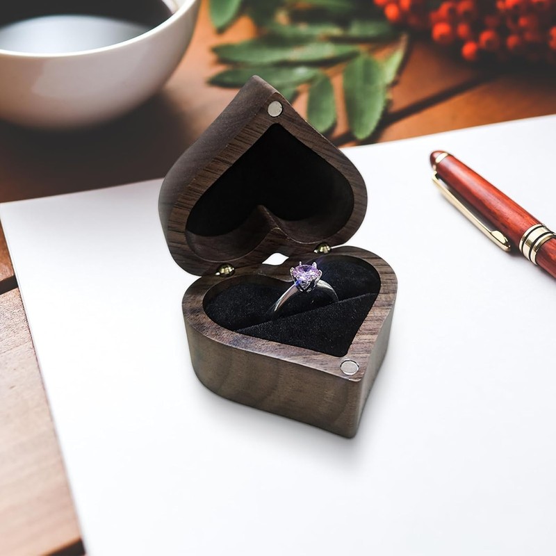 Heart-shaped Ring Box, Wooden Ring Jewelry Box with Single Slot,