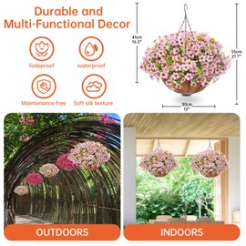Artificial Hanging Faux Flowers Basket, Fake Silk Daisy Eucalyptus Plants Arrangement,for Spring Summer Outdoor Decoration,UV Resistant, Coconut Planter,Look Real for Home Garden Décor (Pink)