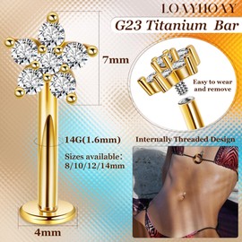 LOAYHOAY 14G G23 Titanium Floating Belly Button Rings for Women Petite Flat Back CZ Belly Rings Small Opal Curved Navel Rings Internally Threaded Hypoallergenic Belly Piercing Gold flower 10mm