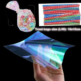 100 Pack Iridescent Holographic Cellophane Party Favor Treat Bags with 5 Colors Twist Ties Good for Themed Celebrations Baby Showers Weddings Girls Birthday Party Supplies