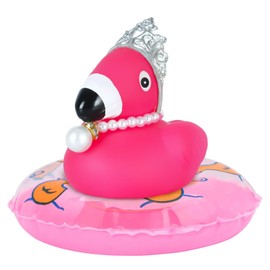 Flamingo Rubber Duck Car Ornaments Squeaky Pink Duck Car Dashboard Decorations Party Favors Ducky with Mini Crown Pearl Necklace,Pink Swim Ring