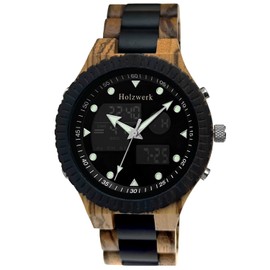 Holzwerk Germany Handmade Designer Digital Analogue Men's Watch Eco Natural Wooden Watch Bracelet Watch LED Brown Blue Green Black, Black / brown, Bracelet