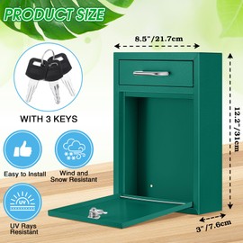Yaocom Locking Mailbox with Key for Outdoor 12.2 x 8.5 x 3 Inches Large Wall Mount Mail Box with Lock Security Mail Drop Metal Collection Boxes Hanging Secure Postbox(Green)