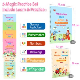 Pack of 6 Magic Exercise Books German and English 26 x 18 cm Magic Exercise Book German with Pen Reusable Exercise Book Book Writing Aid with 20 Refills + 2 Pen Exercise Books Set