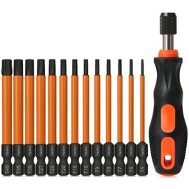 Torx Bit Set with Bit Driver Hakkin 14Pcs Tamper Proof Security Torx Bits S2 Steel Torx Screwdriver Sets 1/4” Hex Shank Magnetic 75mm Torx Screwdriver Bits for Power Tools Hand Tools T5-T40