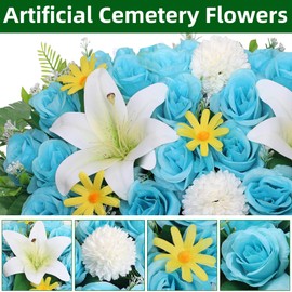 Artificial Cemetery Flower Saddles for Graves,Headstone Saddles for Graves,Lily Rose Flowers Saddle for Cemetery Headstones Decoration Outdoor Memorial Decorations (White Lily, Saddle)
