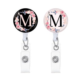 2Pcs A-Z Letter Badge Reels Holder Retractable with ID Clip for Nurse Name Tag Card Cute Nursing Doctor Teacher Student Medical Work Office M