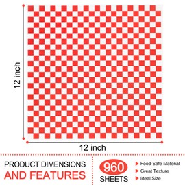 960 Pieces Deli Wax Paper Sheets 12 x 12 inches Checkered Sandwich Wrapping Paper Food Basket Liners for Food Serving, Party, Festival and Outdoors, Red