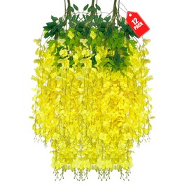 ZEBMOON 12 Pack Yellow Wisteria Hanging Flowers, 3.77 Ft Fake Hanging Flowers, Artificial Wisteria Garland Vines for Wedding Room Backdrop Outdoor Patio Garden Decoration