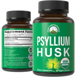 Peak Performance USDA Organic Psyllium Husk Vegan Capsules Made with Organic Psyllium Husk Seed. Fiber Supplement for Gut. Digestive Prebiotics. Pills for Digestion, Roughage Without Bloating. Tablets
