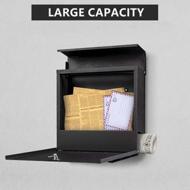 YOOBOX Wall-Mount Mailbox with Lock and Keys, Locked Drop Box for House Outside, Security Steel Metal Mail Box with Newspaper Compartment, 14.57 x 14.57 x 4.33 Inch, Black, MD025 X-Large