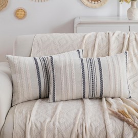 CATOLAT Decorative Grey Boho Lumbar Pillow Covers Set of 2-12x20 Inch Chenille Striped Throw Pillow Covers for Couch, Farmhouse Long Accent Boho Throw Pillows for Bed Bedroom Living Room Chair Gift