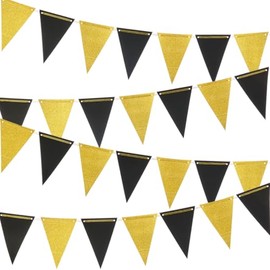 MOWO Gold Black Pennant Banner Paper Bunting Hanging Decoration for Birthday Graduation Retirement New Year's Party, Pack of 30 Counts Pennant, 20 feet