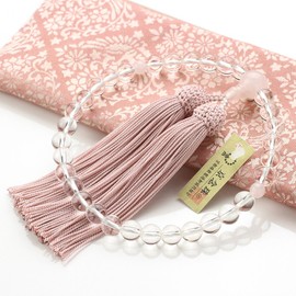 Dotcom Prayer Beads for Women, Genuine Crystal, Rose Quartz, Approx. 0.3 inches (8 mm), Pure Silk Bunch, With Prayer Bag, Can Be Used in All Sects, 0.3 inches (8 mm), Abbreviated Prayer Beads, Kyoto