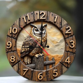 Wooden Owl Clock Wall Decor Rustic Farmhouse Style 10-Inch Wooden Wall Clock, Silent Movement, Battery Operated (AA Batteries Not Included), Artistic Home Decor, Perfect for Home Accents
