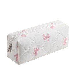 WHHJM Cute Floral Makeup Brush Bag Small Cotton Quilted Cosmetic Bag for Women Travel Toiletry Zipper Make Up Pouch (Pink Small Bowknot)