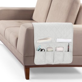 sourcing map Couch Sofa Armrest Organizer Non-Slip Chair Arm Recliner Remote Control Organizer with 6 Pockets for Books, Magazines, Tablet, Phone, Plaid White
