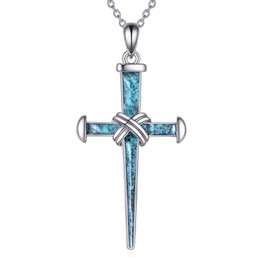 DAYLINLOVE Nail Cross Necklace for Men Women 925 Sterling Silver Turquoise Italian Rope Wrap Nail Cross Pendant Necklace Religious Jewelry Gifts