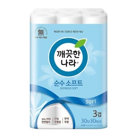 Clean Nara Pure Soft 3-ply 30m 30 rolls/natural pulp/non-fluorescent/colorless and unscented / 깨끗한나라  순수 소프트 3겹 30m 30롤/천연펄프/무형광/무색무향