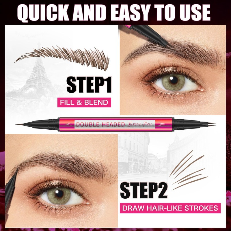 2-in-1 Liquid Brow Pen,1/2 Prong,Fine Tip,Brows,Liner,Beard,Hair(3#Dark Brown)