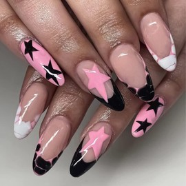 24 Pcs Pink Press on Nails Medium Almond Fake Nails French Tips Nude Acrylic Nails Pink and Black Star Designs False Nails Glossy Full Cover Stick on Nails for Women Girls