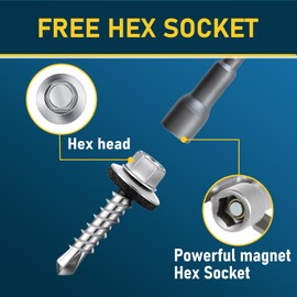 300Pcs #10 x 1-1/2 Inch Galvanized Metal Roofing Screws, Hex Head Drill Point Sheet Metal Roof Screw with Rubber Washer, EPDM Washer, with Hex Drive Bit.