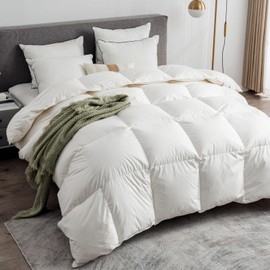 Ltinhome Feathers & Down Comforter, Organic Duvet Insert, 100% Cotton Shell, Ethically-sourced Feathers and Down Filler, All Season Warm, King Size, White