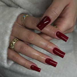 KQueenest Dark Red Medium Long Square Nails Press Ons Gloss, More Burgundy Long Fake Nails For Women Daily Wear, Thick Acrylic Stick on Nails False Nails Set, 24 Pcs