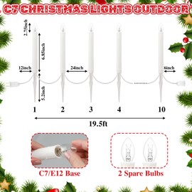 Tujoe 10 Pcs Christmas Candle Lights Outdoor, 19.5 ft Outdoor Christmas Pathway Lights with 12 Pcs Clear Flickering Flame Light C7 Bulbs for Holiday Outside Yard Garden Decor