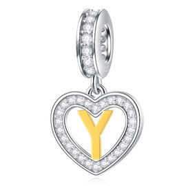 EMOSTAR - Abalorio de letras con inicial A-Z para pulsera europea, chapado en oro de 18 quilates, colgante de alfabeto de corazón de plata de ley 925 con circonita cúbica, regalo para familia, San Valentín, Navidad, Plata esterlina Zirconia cúbica, No es