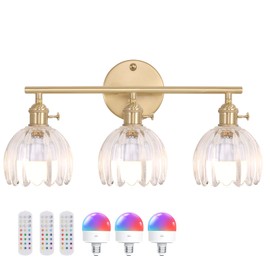 Shenmoyl Battery Operated Bathroom Light Fixtures, 3-Light Brass Vanity Wall Light with 5000mAh Rechargeable Bulb Over Mirror with Clear Tulip Glass Shade for Bedroom Living Room