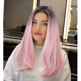 VEBONNY Dark Rooted Pink Ombre Wigs for Women, Natural Looking, Fashionable Pink Hair Wigs, Cosplay Wig, UK, 20 Inch (51 cm), Vebonny-108